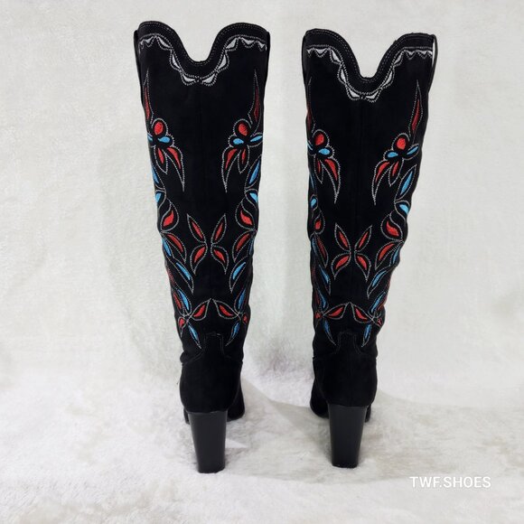 Size 10 Black Faux Suede Western Cowgirl Knee Boots Colorful Embroidered Design - Picture 6 of 10